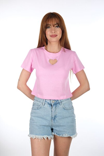 MODA DERİN Pembe Kalpli Kısa T-shirt