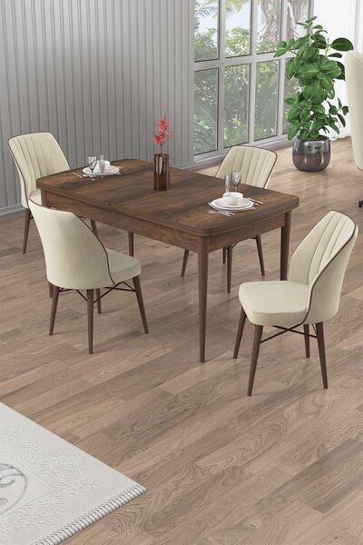 Canisa Uzi Serisi Barok Ahşap Desen 80x132 Açılabilir Mutfak Masası Takımı 4 ...