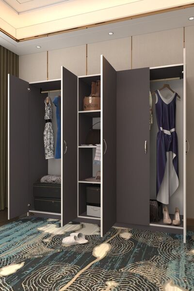 Kenzlife Gardırop 5 Kapılı Horozibiği 180*200*52 Gri Xlarge Kapaklı Gardolap Dolap