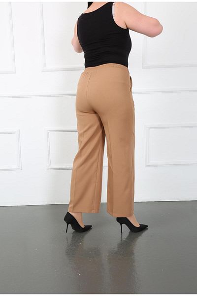 By Alba Collection Women's Tan Dumbbell Fabric Belt Detail Elastic Waist Wide Leg Trousers