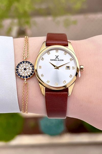 Daniel Klein Women's Wrist Watch and Bracelet with Brown Color Adjustable Band Gold Band - Dkgnct1079