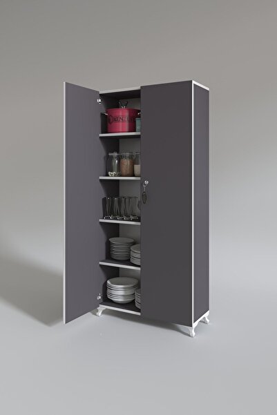 Kenzlife 2 Kapılı Dolap Çilem 188*070*032 Gri Kilitli Ayaklı Banyo Mutfak Ofis Kitaplık Ayakkabılık Kiler