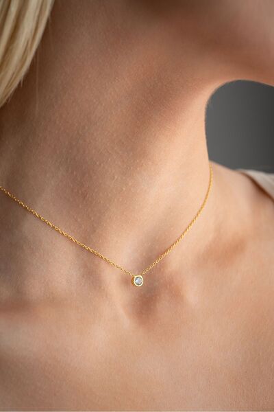 Nereze 925 Ayar Gümüş Gold Kaplama Minimal 5 mm Tektaş Kolye