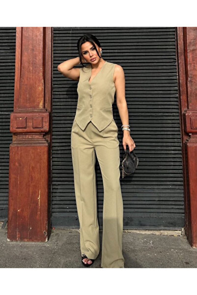 pembekurdelem Kadın Klasik Yelek Pantolon Takım Açık Haki