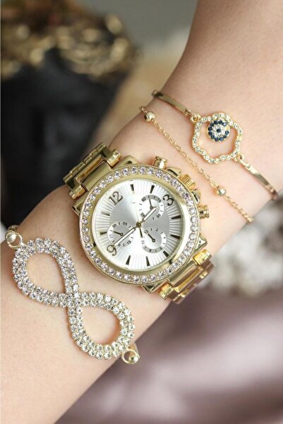 Spectrum Altın Renk Zirkon Taşlı Metal Beyaz Kadran Kadın Saat(SADECE SAAT)