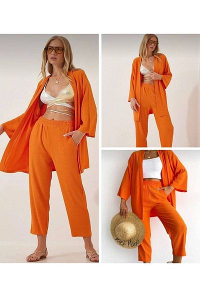 Ded COLLECTION Women's Kimono Summer Set with Wrinkled Fabric