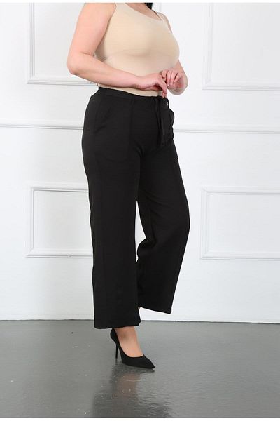 By Alba Collection Women's Black Dumbbell Fabric Belt Detail Elastic Waist Wide Leg Trousers