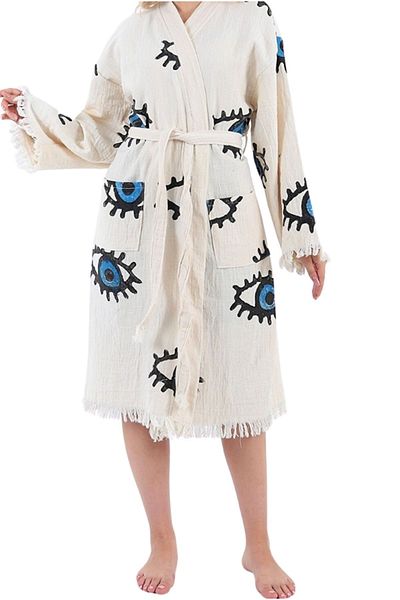 Cassime Halat de baie kimono natural cu model ochi răi pentru femei, 100% bumbac, muselină, lucrat manual, caftan cu imprimeu cu piatră