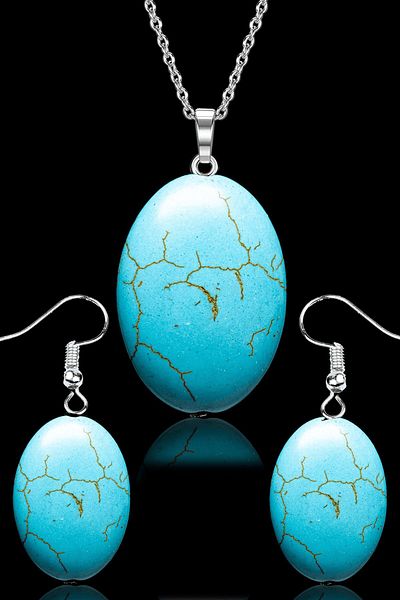 Tesbih Atölyesi Turquoise Stone Oval Model Necklace and Earring Set - Silver Apparatus