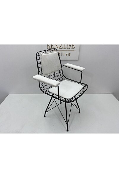 Kenzlife Knsz Kafes Tel Sandalyesi 1 Li Mazlum Syhbeyaz Kumaş Kolçaklı Sırt Minderli Ofis Cafe Bahçe Mutfak