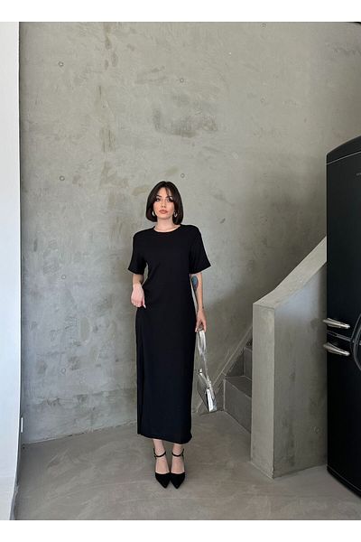 AFROGİYİM Black Knitted - Ribbed Oversize Dress, Crew Neck