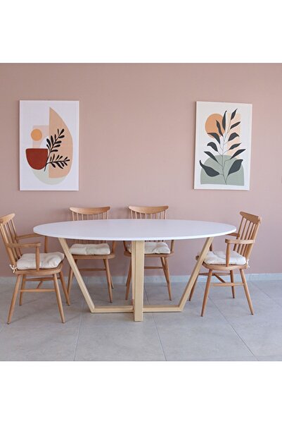 woodywood Yemek Masası Oval Beyaz Ahşap Model Mutfak Masası Ofis Çalışma Masası Şık Balkon Özel Tasarım 108 Cm