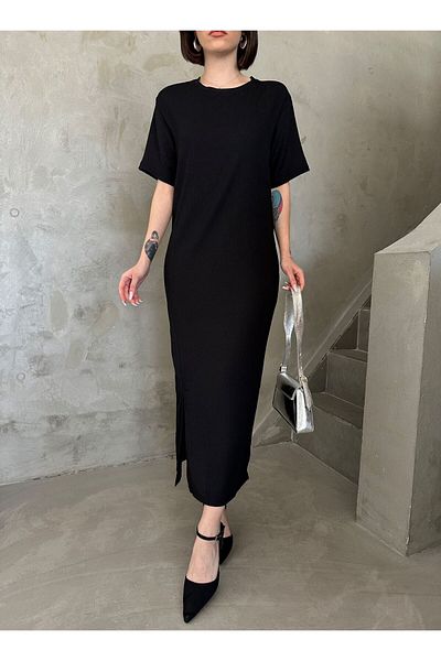 AFROGİYİM Black Knitted - Ribbed Oversize Dress, Crew Neck
