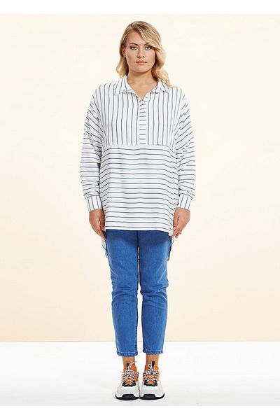 EVEN plus size Plus Size White Navy Blue Striped Viscose Tunic