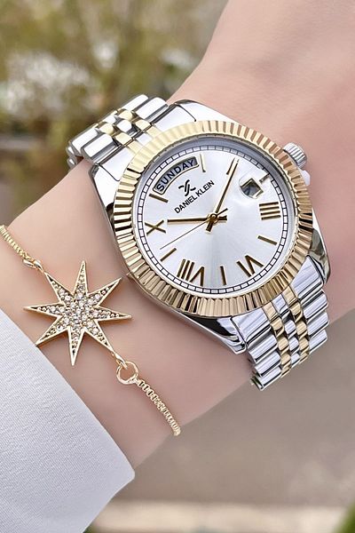 Daniel Klein Women's Gold Silver Wristwatch and Gift Bracelet with Adjustable Bands and Functions - Dkgnct907