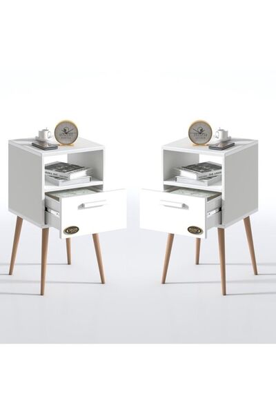 Kenzlife Komodin Budurgan Byz 2 Li Set 74*39*39 Ahşap Ayaklı Raflı Çekmeceli Komidin Kitaplık