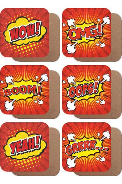 Major Selection مجموعة أكواب خشبية مكونة من 6 قطع من Pop Art - Omg Boom Ops Yeah Grrr