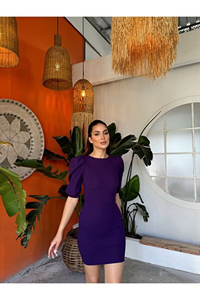 Mekafashion Joanne Karpuz Kol Mini Elbise 582540 MÜRDÜM