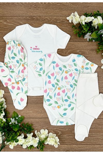 PATSAN 4 Piece Organic Cotton Pajama Set for Baby Girl - Tulip with Snap Fasteners, Badi and Booties