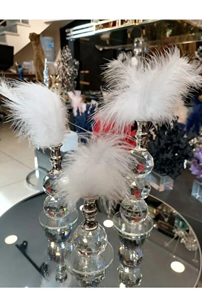 Genel Markalar Dekoratif Tüy, Beyaz - Gümüş Kristal Cam Tüylük, 3'lü Biblo Set