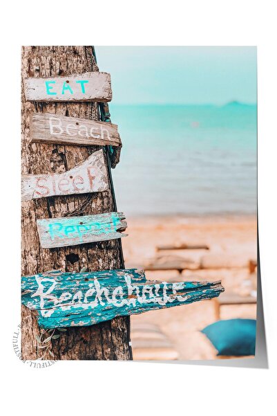 Postifull Çerçevesiz Poster, Yaz Temalı Tablo NO:203, Plaj Yön Tabelası Fotoğ...
