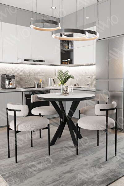 AVVİO Lonya Teddy Sandalye 90x90 Yuvarlak Yemek Masası Mutfak Masası 4 Kişili...