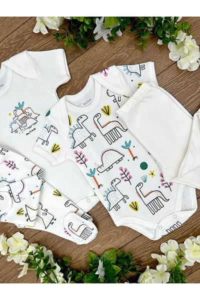 PATSAN Organic Cotton 4-Piece Baby Pajama Set - Colorful Dinosaurs with Snap Fasteners, Badi and Booties