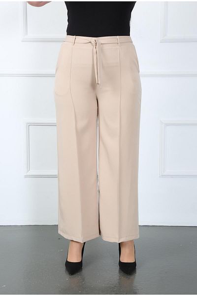 By Alba Collection Mink Colored Women's Trousers - Belt Detailed, Elastic Waist, Wide Leg
