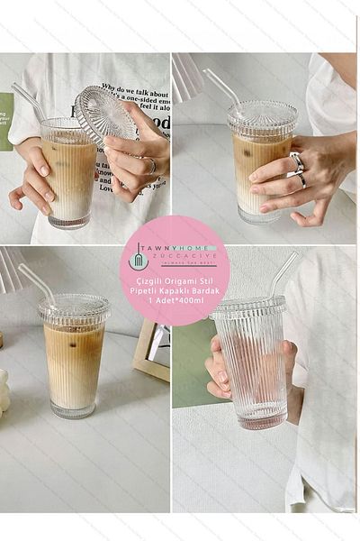 Tawny Coffee Origami Style Glass Cup with Heat Resistant Glass Lid and Glass Straw 1 Piece 400ml