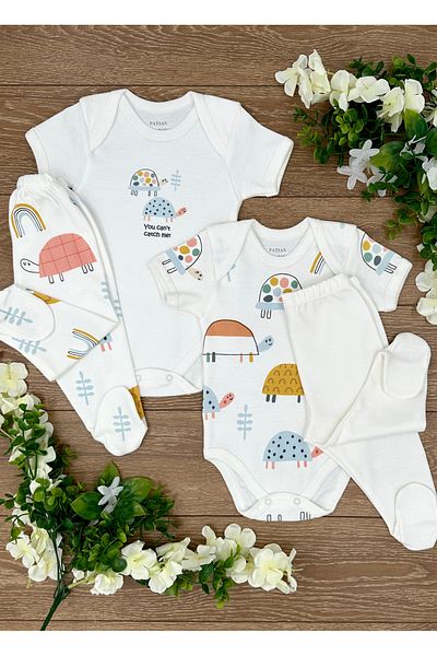 PATSAN 4-Piece Organic Cotton Pajama Set for Baby Girl - Colorful Turtles, Snap-On Badi and Booties