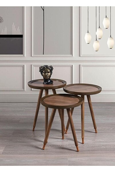 İnegöl Sehpa New Ahşap 3'lü Yuvarlak Zigon Sehpa Ceviz