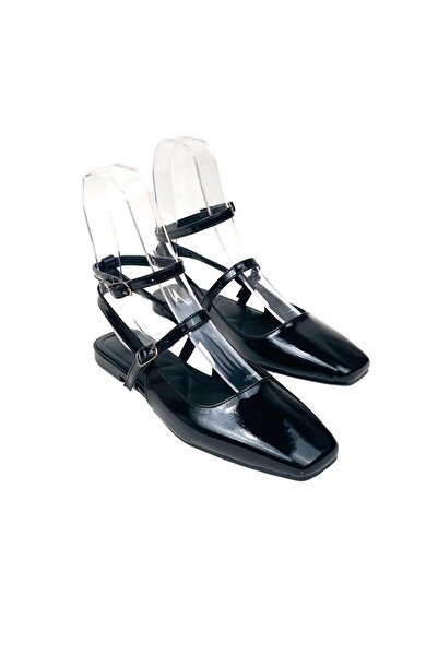 bescobel Kadın Pacva Siyah Rugan Bilekten Bağlamalı Günlük Ayakkabı Babet 1cm