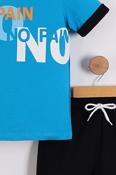Pollito Tricou albastru cu imprimeu No Pain și pantaloni scurți pentru băieți - Set de 2