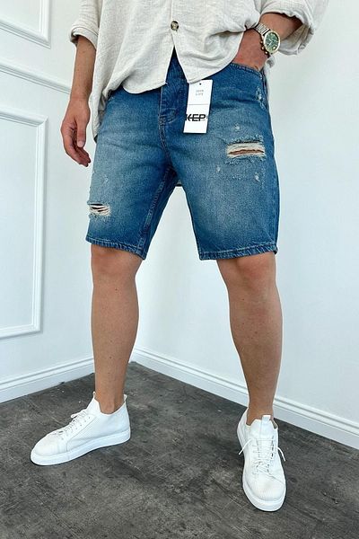 MADZEYMODA Pánské modré džínové kraťasy Jeans - roztrhaný detail