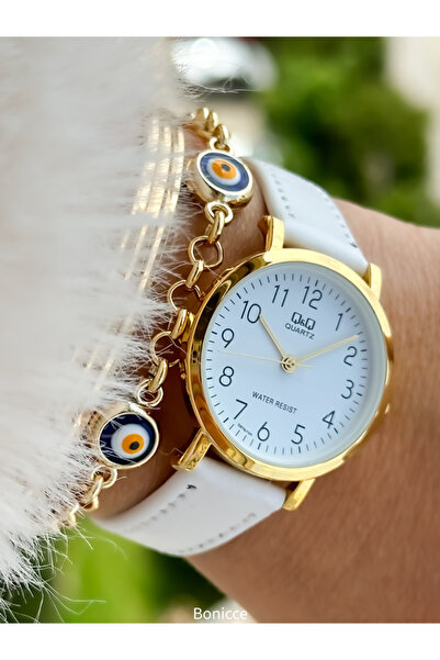 Q&Q Retro White Color, 24 Months Warranty, Waterproof, Leather Strap with Numbers, Women's Wristwatch+Bracelet
