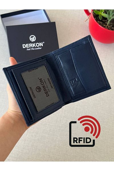 DERKON Navy Blue Men's Wallet - Genuine Leather with RFID Protection and Exit from the Inside