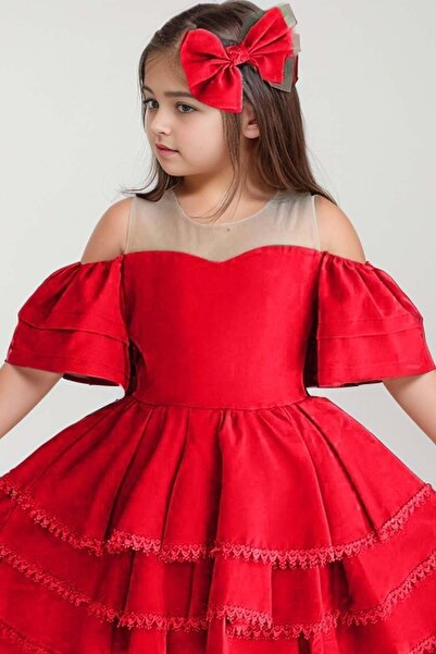 Riccotarz Red Girl's Dress - Off Shoulder, Transparent Collar, Layered Skirt and Tail Detail