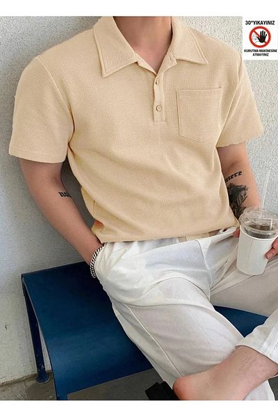 GENIUS STORE Tricou cu guler polo oversize pentru bărbați - cu model Waffle, detaliat cu nasturi