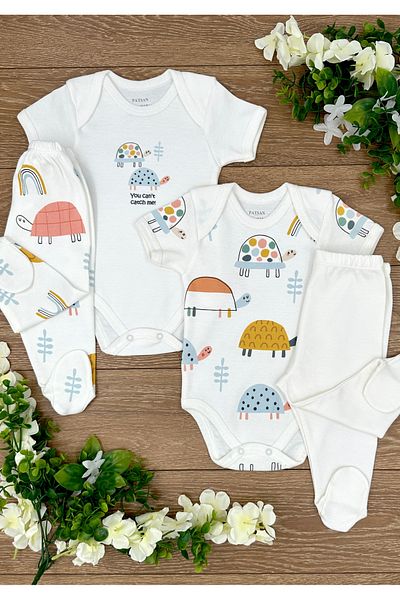 PATSAN 4-Piece Organic Cotton Pajama Set for Baby Girl - Colorful Turtles, Snap-On Badi and Booties