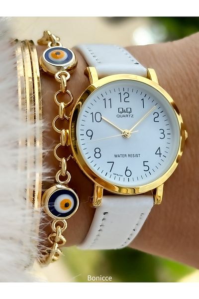 Q&Q Retro White Color, 24 Months Warranty, Waterproof, Leather Strap with Numbers, Women's Wristwatch+Bracelet