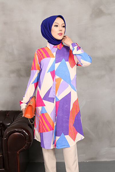 MODAQU Geometric Colored Viscose Tunic - Purple