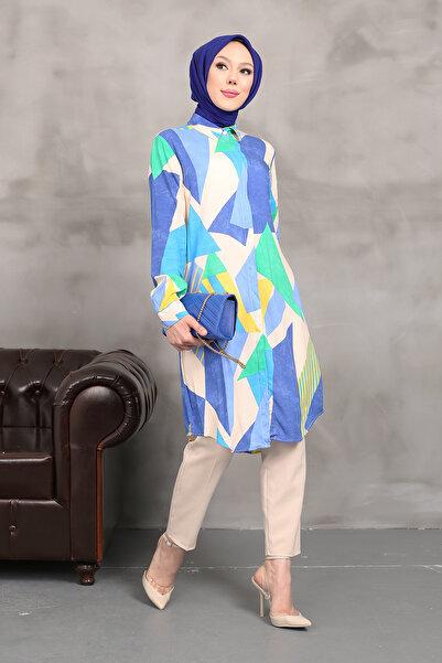 MODAQU Tunica din vascoza de culoare geometrica - albastru