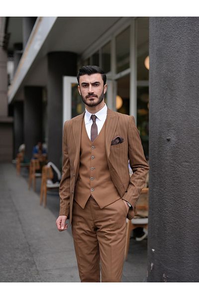 LONATOLİA Men's Slim Fit Brown Suit - Italian Style, Pointed Collar Jacket, Vest, Trousers - Xprzcom820-05