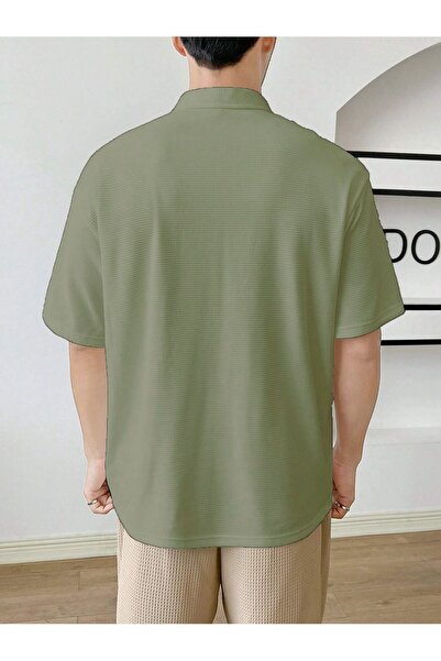 GENIUS STORE Tricou Kaki Waffle pentru bărbați - Guler polo supradimensionat, cu fermoar