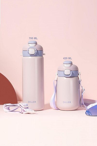 DILLER 700ml Single Lid - Double Use Steel Water Bottle with/Without Straw 6 Hours Hot/Cold