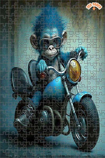 Teona Ahşap Mavi Saçlı Motorcu Maymun Dekoratif Çift Katlı Çerçeveli Asılabil...