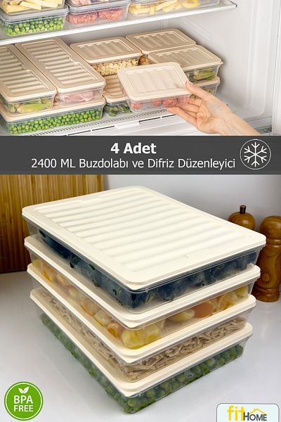 FİTHOME Set of 4 Refrigerator and Freezer Freeze Organizer Multipurpose Airtight Storage Container 4X2400Ml