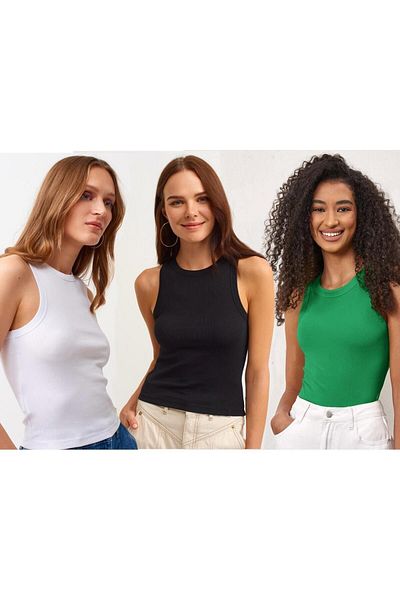 Actiwear Ribbed Halter Collar Knitted Tank Top - 3 Pack T-Shirt