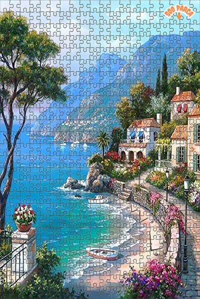 Teona Ahşap Akdeniz Sahil Köşesi Dekoratif Çift Katlı Çerçeveli Asılabilir Ahşap Puzzle 500 PARÇA 50X30