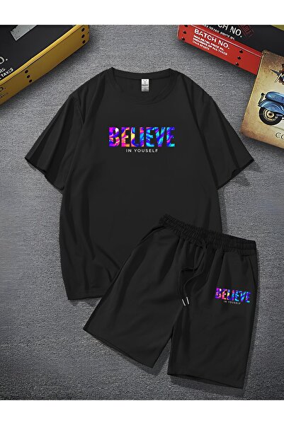 ADWAX Unisex Believe Printed Oversize Loose Fit T-shirt με σορτς - Σετ δύο τε...